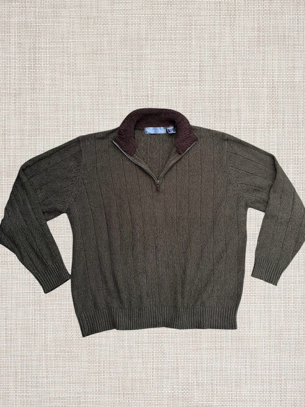 Oscar de la Renta Quarter Zip Sweater Men's XL Olive Green Sherpa Collar Preppy